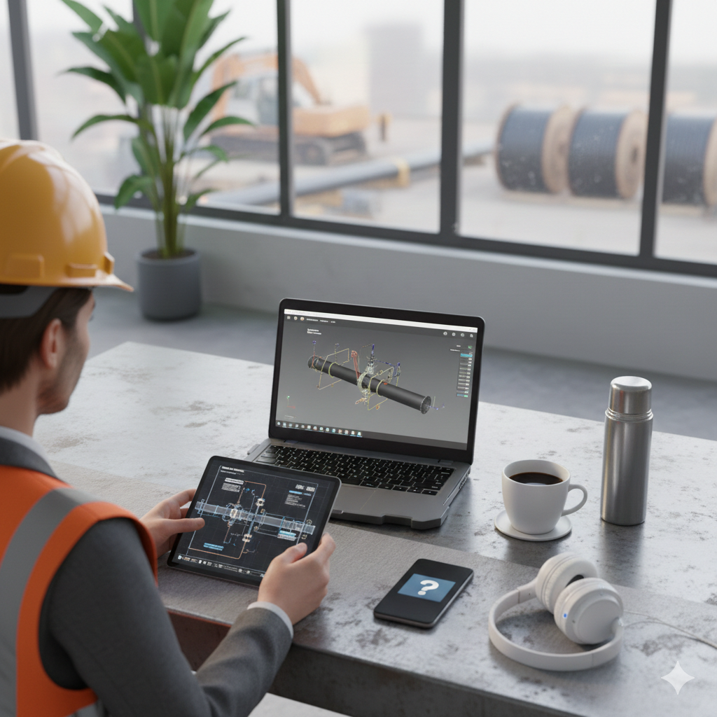 Engineer reviewing technical documentation for RTP flexible pipes used in non-metallic infrastructure projects in the oil and gas industry